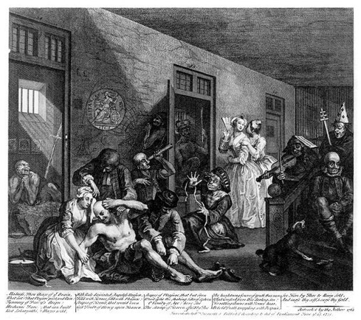 English madhouse, 18th c., by William Hogarth